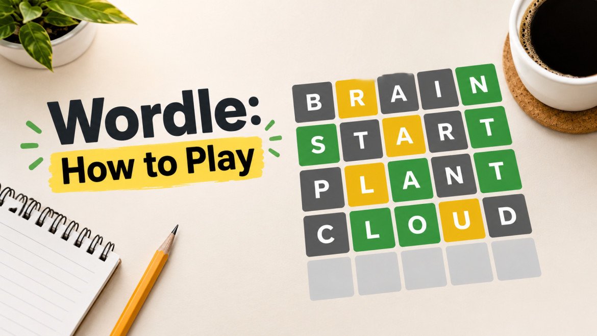 Wordle NYT inspired word puzzle tiles with green, yellow, and gray letters on a desk