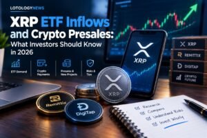 XRP ETF inflows and crypto presales featuring XRP, Remittix, DigiTap, and cryptocurrency market charts
